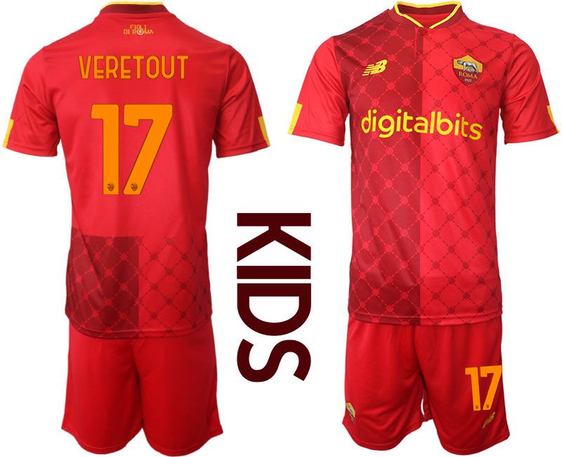 Youth 2022-2023 Club AS Rome home red #17 Soccer Jersey